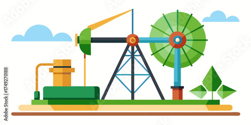 Wind-powered water pump in modern flat design with green elements  