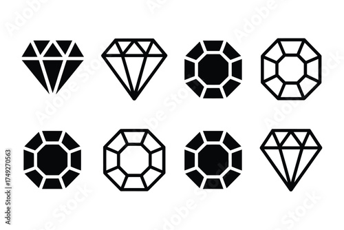 Set of eight minimalist geometric diamond and gemstone vector icons in black and white silhouette