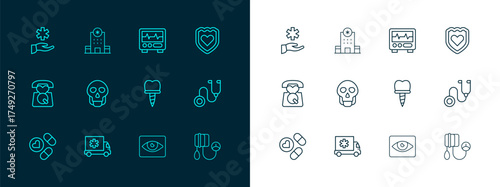 Set line Immune system, Ambulance car, Dental implant, Red eye effect, Skull, Monitor with cardiogram, Cross hospital medical and Hospital building icon. Vector