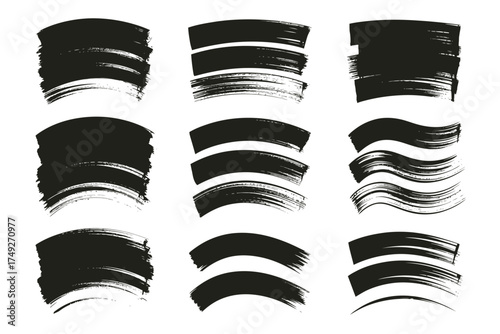 Collection of nine distinct black paint brush stroke vector graphics for artistic design projects silhouette