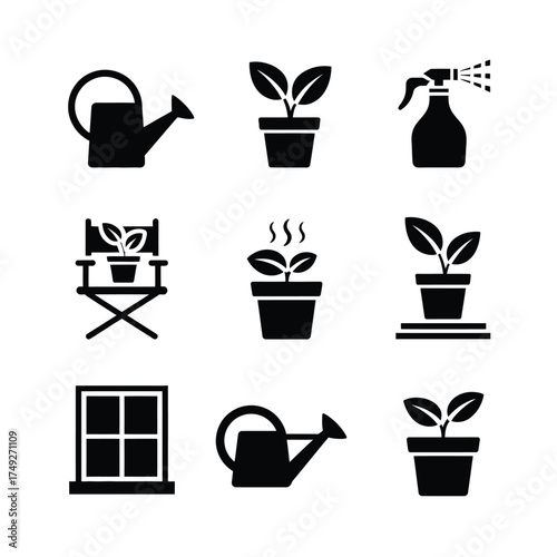 Minimalist black and white vector garden icons for gardening and plant care scalable eps silhouette