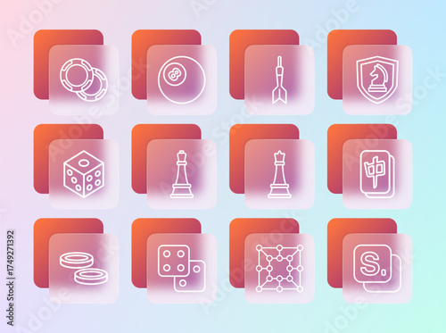 Set line Chess, Game dice, Board game, Dart arrow, Casino chips and Billiard pool snooker ball icon. Vector