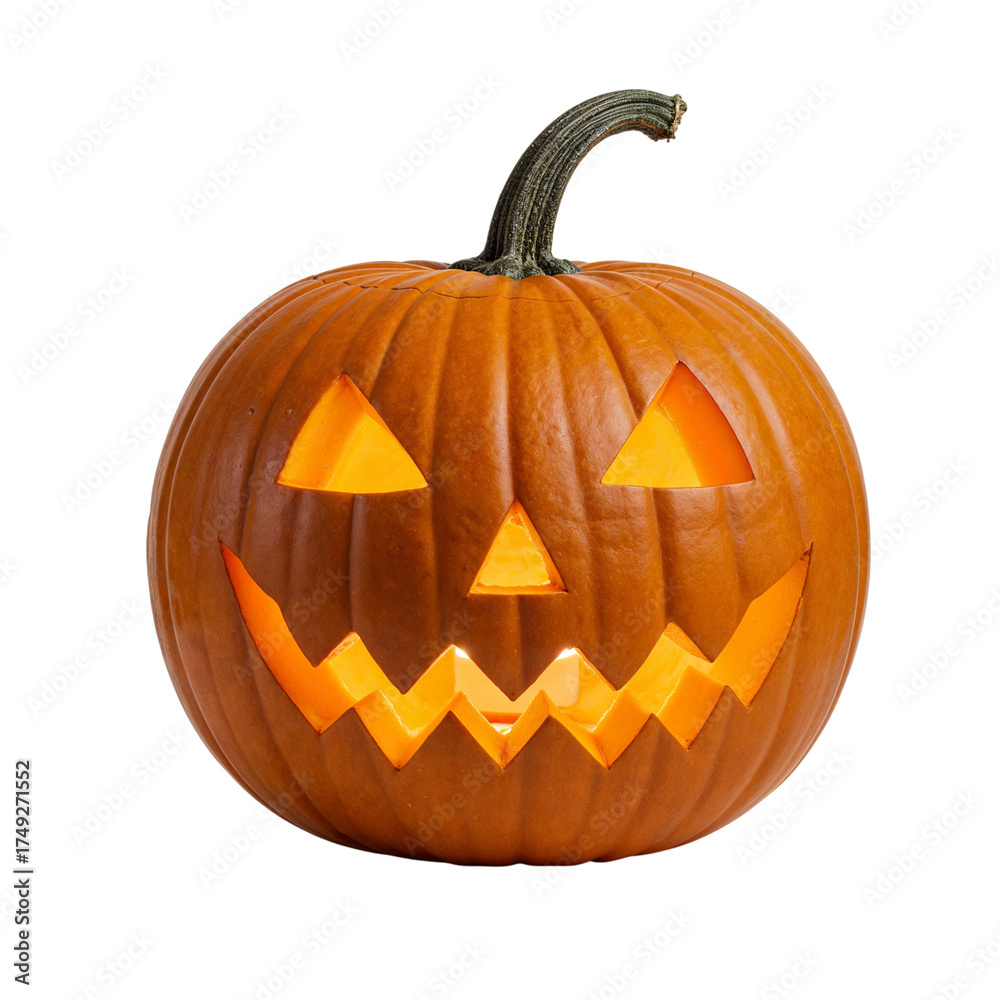Fototapeta premium Spooky jack o lantern pumpkin glowing for halloween night celebration isolated on transparent background