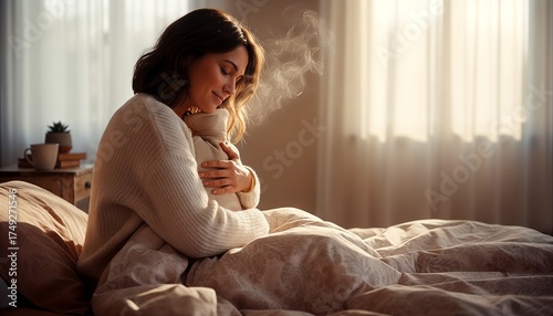 Woman hugging hot water bottle in bed with morning sunlight filtering  