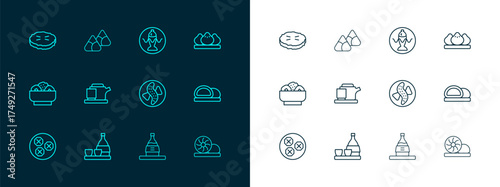 Set line Dumpling, Bottle of sake, Served cucumber on plate, Traditional tea ceremony, fish, Homemade pie and Zongzi bamboo steamer icon. Vector