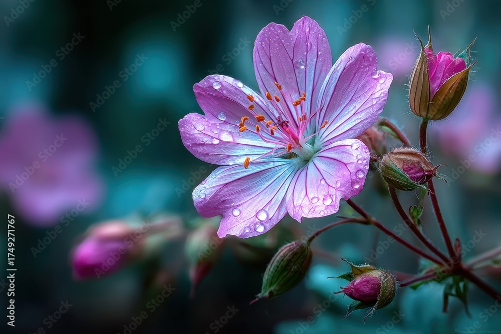 Fototapeta premium Pink flower with water drops and buds on dark background
