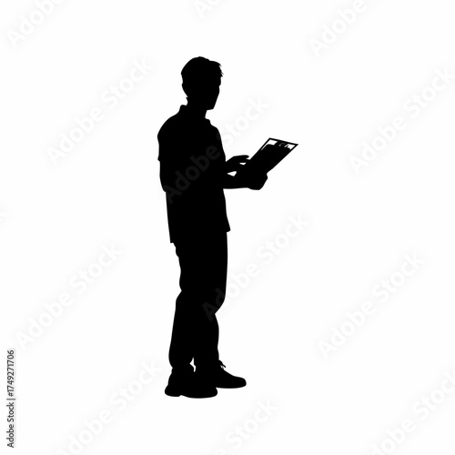 Silhouette of a worker collecting patient survey data isolated on white background