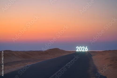 Desert road leading to 2026 with sunset sky