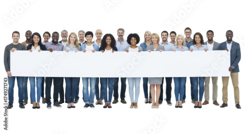 Wallpaper Mural Diverse group of smiling men and women, various ethnicities and ages, holding a blank white banner on transparent studio background, high-key lighting, concept of diverse teamwork Torontodigital.ca