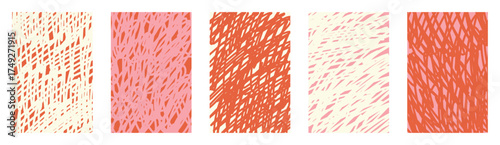 Childish crayon scribble vector patterns set. Red pink messy hand drawn wavy lines. Funky sketch backgrounds with groovy texture shapes. Abstract uneven doodle stripe scrawl for kids design art