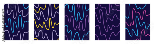 Retro vector kids doodle squiggle backgrounds. Fluid groovy hand drawn curves. Vibrant organic wavy lines. Funky warped line art in playful style. Abstract maze pattern with bold curved strokes