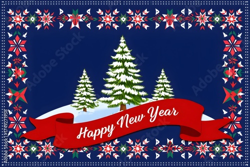 Happy new year greeting with snowy trees and decorations