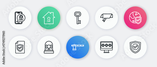 Set line Parking car barrier, Shield with world globe, Contract shield, Monitor password, Security camera, Old key, check mark and Ringing alarm bell icon. Vector