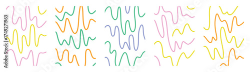Wavy kids doodle vector backgrounds set. Groovy abstract motion lines. Childlike fluid squiggles in multicolored palette. Deformed hand drawn elements with fun retro 60s look on transparent backdrop.