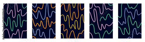 Colorful vector art with fluid abstract lines in playful childish doodle style. Wavy hand drawn strokes in blue green pink yellow orange on dark backgrounds. Funky creative maze waves for summer