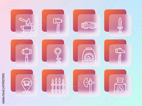 Set line Medieval sword, Classic iron fence, Blacksmith oven, axe, Old key, Welding glasses, Anvil and hammer and Hammer icon. Vector