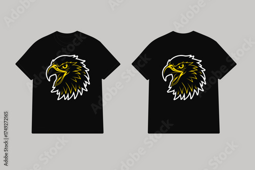 Fierce yellow eagle head linocut on black t shirts