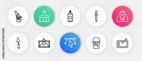 Set line Bezier curve, Inkwell, Palette knife, Paint bucket, Eyedropper color picker palette, spray can, Graphic tablet and Picture landscape icon. Vector