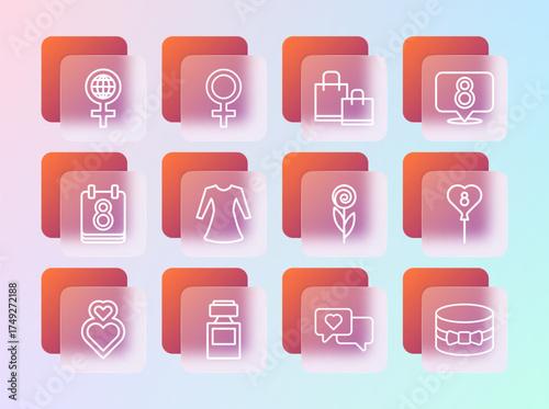 Set line 8 March, Perfume, Flower, Heart in speech bubble, Woman dress, Paper shopping bag, International Women Day and Female gender symbol icon. Vector