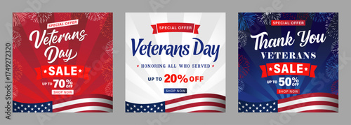 Set of Special offer Veterans Day, SALE banners with flag and fireworks. Veterans Day, November 11 - Honoring all who served discount posters template. Vector illustration