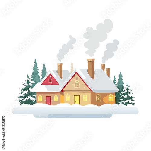 A snowy village scene with chimneys puffing smoke, tiny houses glowing warmly, and snow-covered roofs.