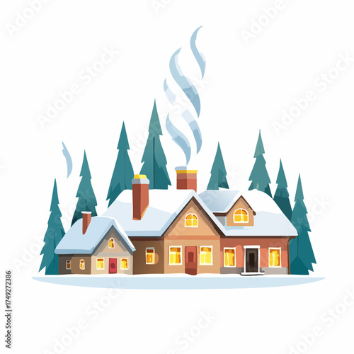 A snowy village scene with chimneys puffing smoke, tiny houses glowing warmly, and snow-covered roofs.