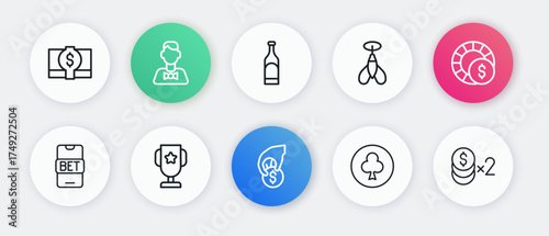 Set line Hand holding casino chips, Casino, Online sports betting, Playing card with clubs symbol, Dart arrow, Bottle of wine, dollar and poker trophy cup icon. Vector