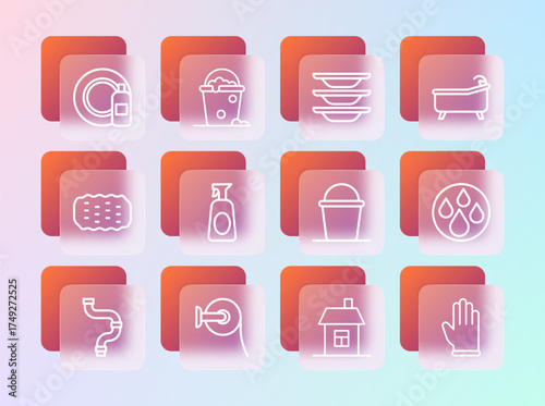 Set line Bathtub, Toilet paper roll, Bucket, House, Cleaning spray with detergent, Washing dishes, Dishwashing bottle and plate and foam bubbles icon. Vector