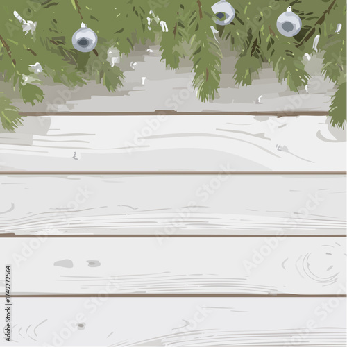 An overhead view of a rustic wooden table covered with scattered pine needles and tiny silver bells.