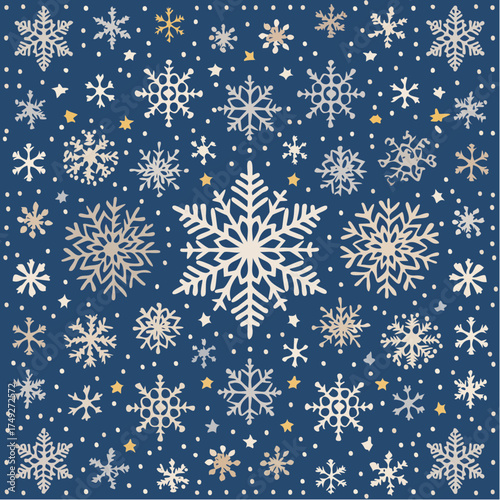 A perfectly uniform pattern of stylized white snowflakes repeats across a clean, crisp midnight blue canvas.