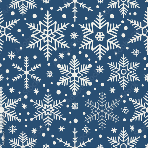 A perfectly uniform pattern of stylized white snowflakes repeats across a clean, crisp midnight blue canvas.