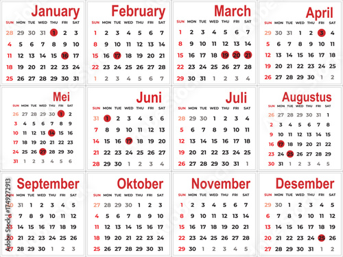 Minimalist 2026 calendar template in red and black color. Clean modern layout with all twelve months displayed on one page. Perfect for business, planner, print, and digital design use.