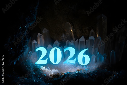 Glowing 2026 digital number with futuristic crystal background