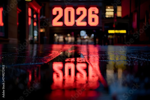 Reflection of 2026 sos sign on wet urban pavement