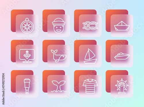 Set line Folded paper boat, Whale tail, Yacht sailboat, Striped sailor t-shirt, Nautical rope knots, Compass and Sailor icon. Vector