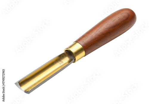 Photography Wood handled gouge isolated on white, woodworking tool for carving and shaping w