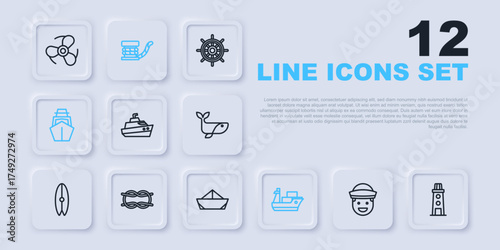 Set line Sailor, Lighthouse, Speedboat, Cargo ship, Yacht sailboat, Nautical rope knots, Marine bollard with and Folded paper icon. Vector