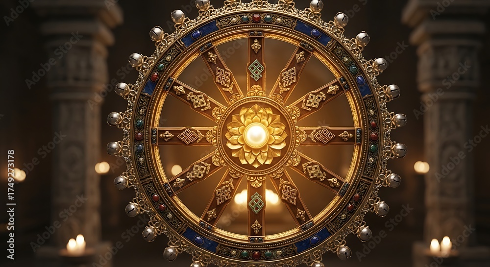 Fototapeta premium Ornate Dharma Wheel - A Symbol of Buddhist Teachings and Enlightenment.
