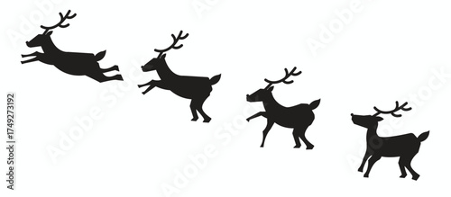 Deer or raindeer jumping in silhouette flat design. Isolated on white background, Vector Illustration