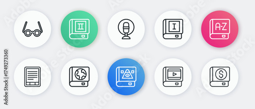 Set line Ancient magic book, Translator, E-Book reader, about cinema, Microphone, Financial and Earth globe and icon. Vector
