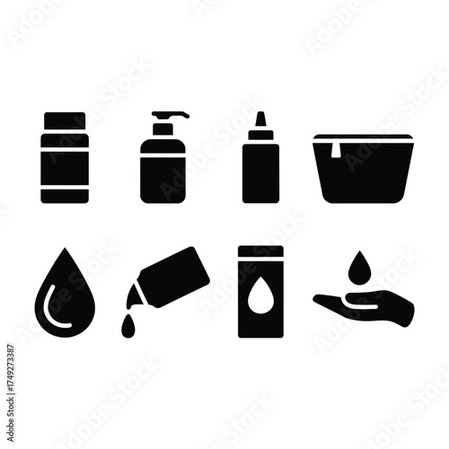 Set of eight black and white icons representing health and hygiene products scalable vector graphics eps silhouette