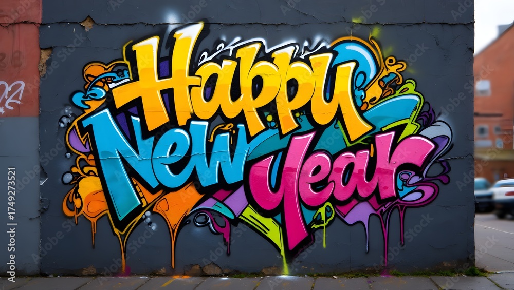 Fototapeta premium Happy new year graffiti on the wall in the city street