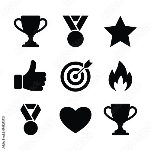 Set of 9 black silhouette vector icons for achievement success and recognition elements scalable eps silhouette