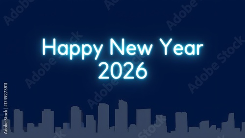 Happy new year 2026 with glowing city skyline background