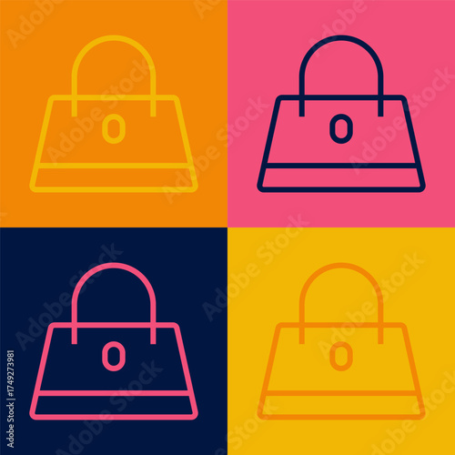 Pop art line Handbag icon isolated on color background. Female handbag sign. Glamour casual baggage symbol. Vector