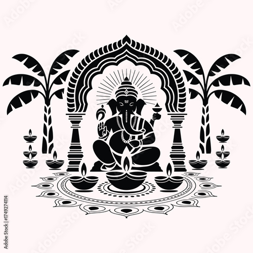 Black silhouette of Lord Ganesha under an archway with palm trees and diyas for Diwali celebration shubh diwali