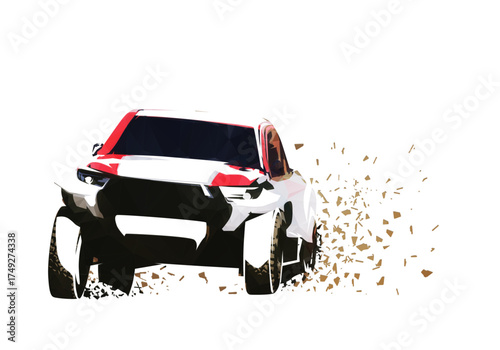 Desert rally sports car, low poly endurance adventure race, isolated vector geometric illustration