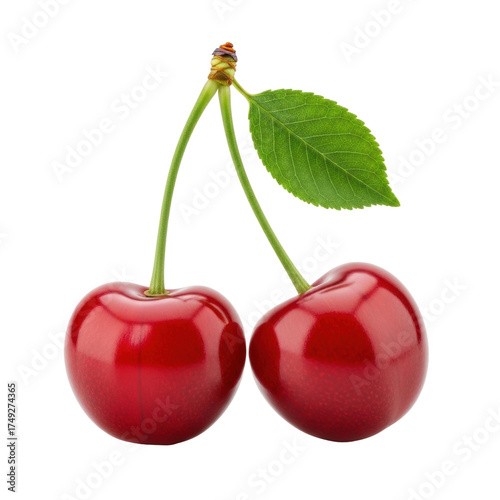Wallpaper Mural Two vibrant, glossy, plump red cherries with green stems and a fresh leaf, isolated on a transparent background with subtle shadow, UHD product photography concept of fresh fruit and natural Torontodigital.ca