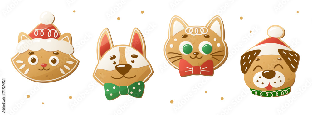 Fototapeta premium Christmas cookies shaped like cats and dogs. Gingerbread animals. Homemade gingerbread cookies for gifting. Xmas dessert