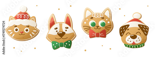 Christmas cookies shaped like cats and dogs. Gingerbread animals. Homemade gingerbread cookies for gifting. Xmas dessert